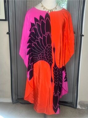Trina Turk Pink and Orange Asymmetrical Maxi Dress with Black Graphic Print